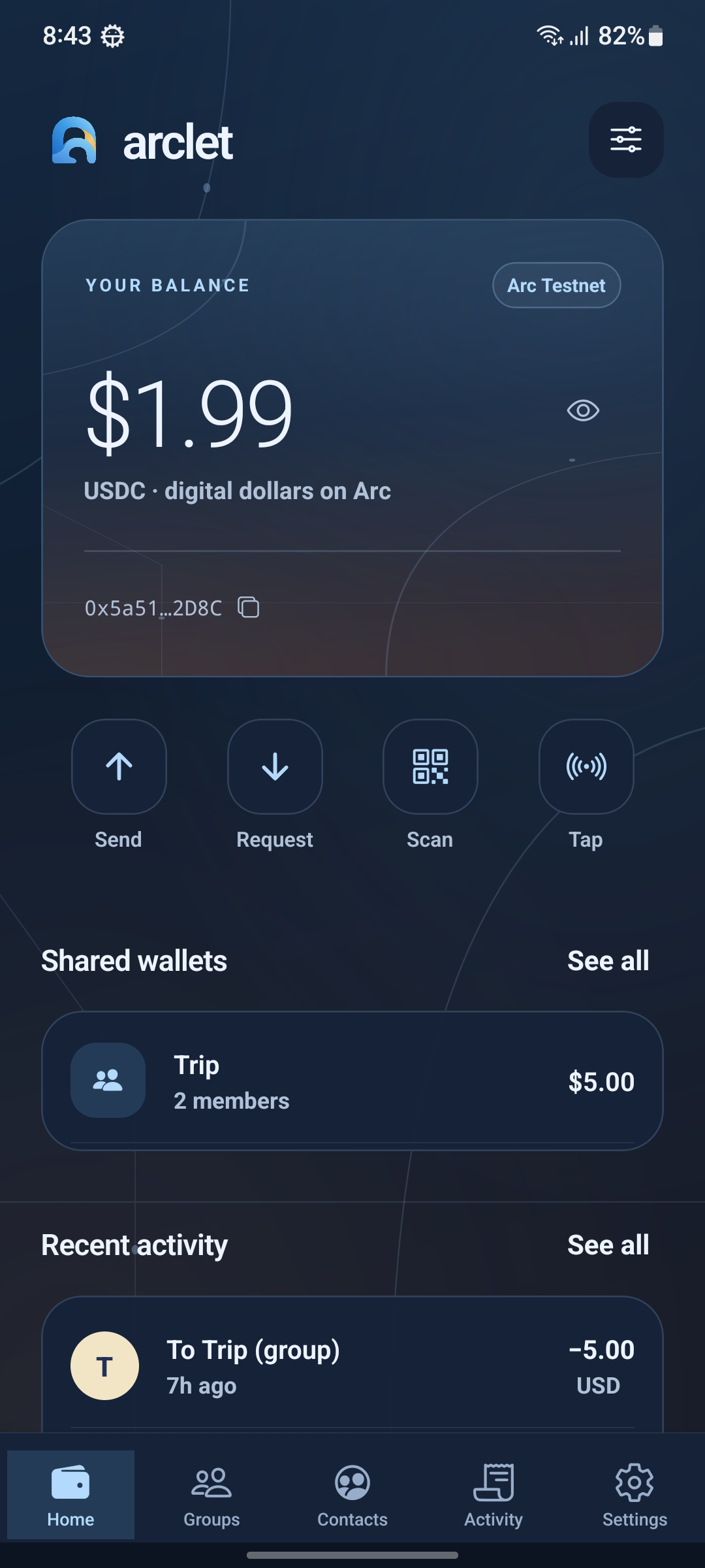 Arclet wallet on a Samsung phone showing a USDC balance, payment shortcuts, and a shared trip wallet